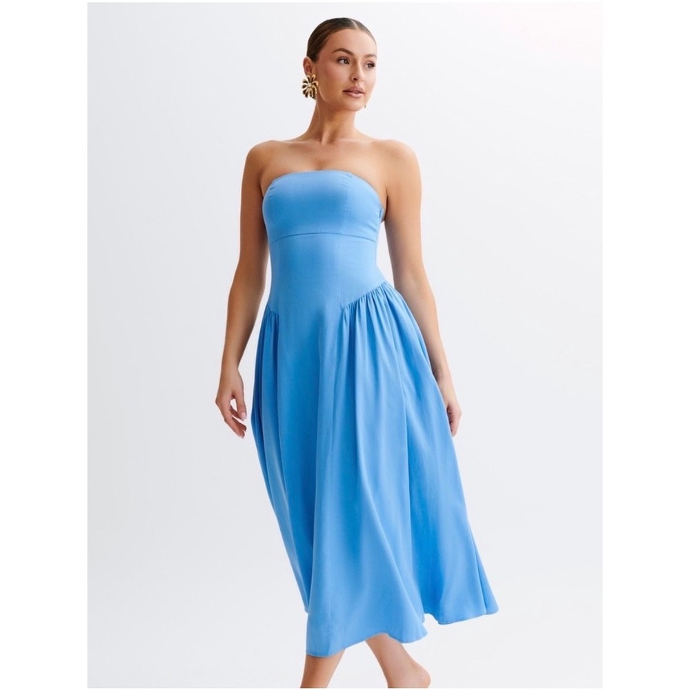 NWT MESHKI Carmele Strapless Gathered Midi Dress Iris Blue Tencel Linen Cotton S